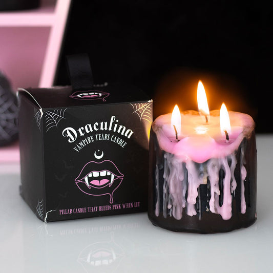 Small Pink Vampire Tears Pillar Candle black candle with pink wax inside