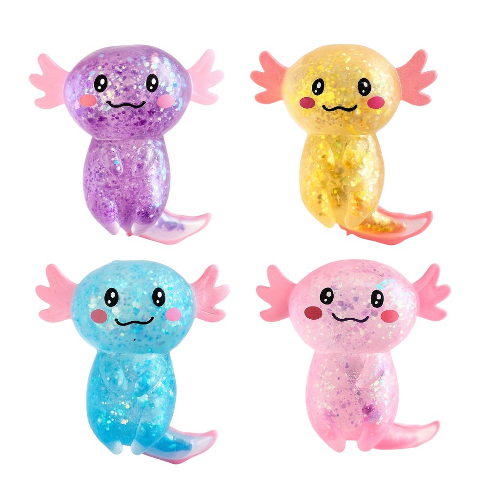 Four colorful axolotl figurines in purple, yellow, blue, and pink on a white background.