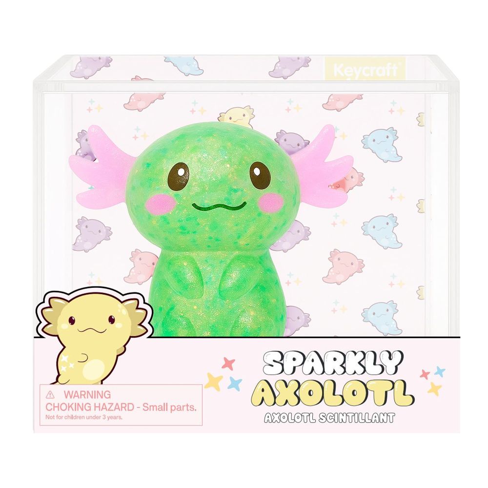 Sparkly axolotl toy in packaging with colorful axolotl pattern