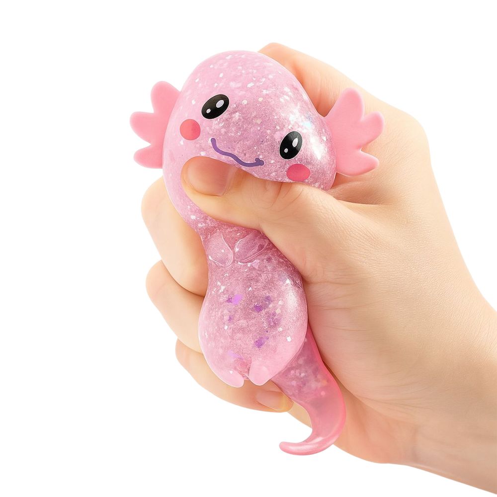 Pink axolotl-shaped squishy toy held in a hand against a white background