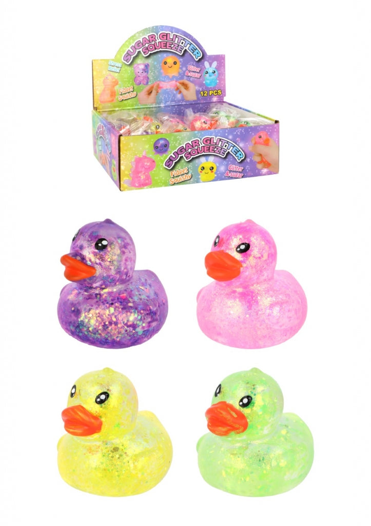 Sugar Squeeze Slow Rise Duck purple pink yellow and green glitter squish ducks