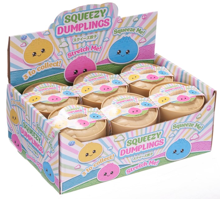 Box of Squeezy Dumplings toys with colourful packaging on a white background