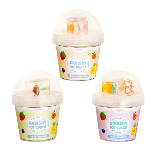 Three containers of 'Squishy Ice Cubes' with colorful labels on a white background