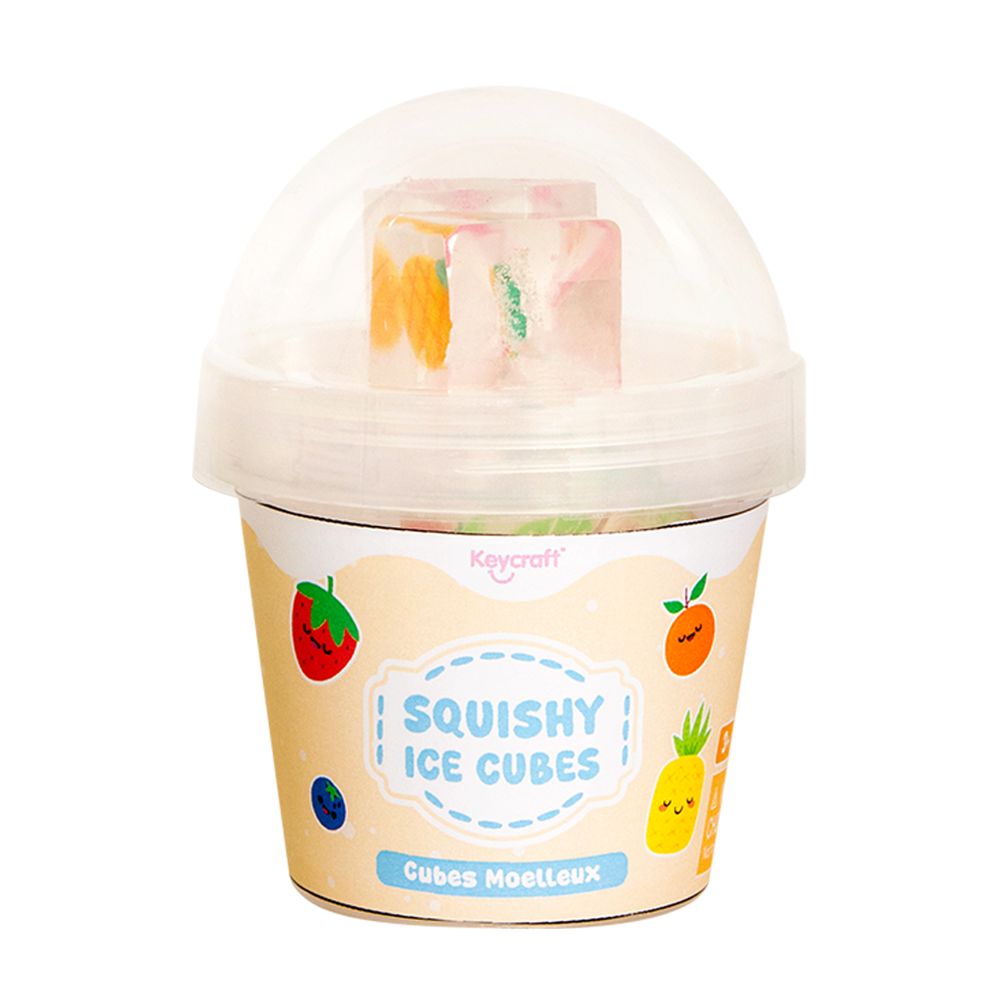 Squishy ice cubes container with cartoon fruit designs on a white background