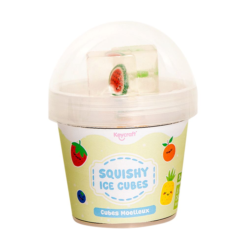 Squishy ice cubes container with cartoon fruit designs on a white background