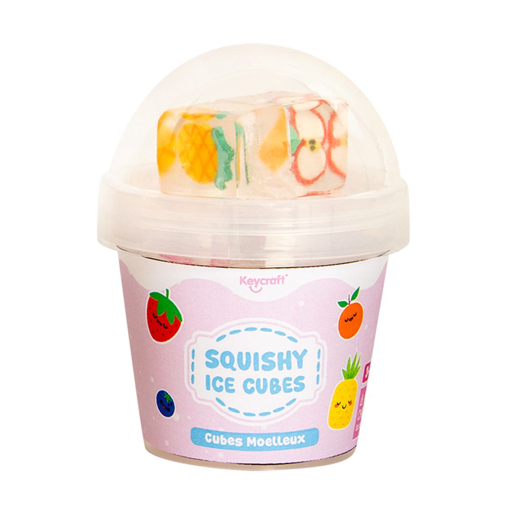 Squishy ice cube toy in a container with colorful design on a white background