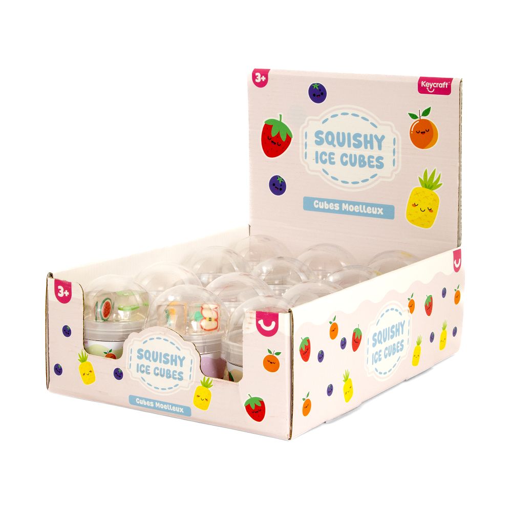 Box of squishy ice cube toys with colorful packaging on a white background