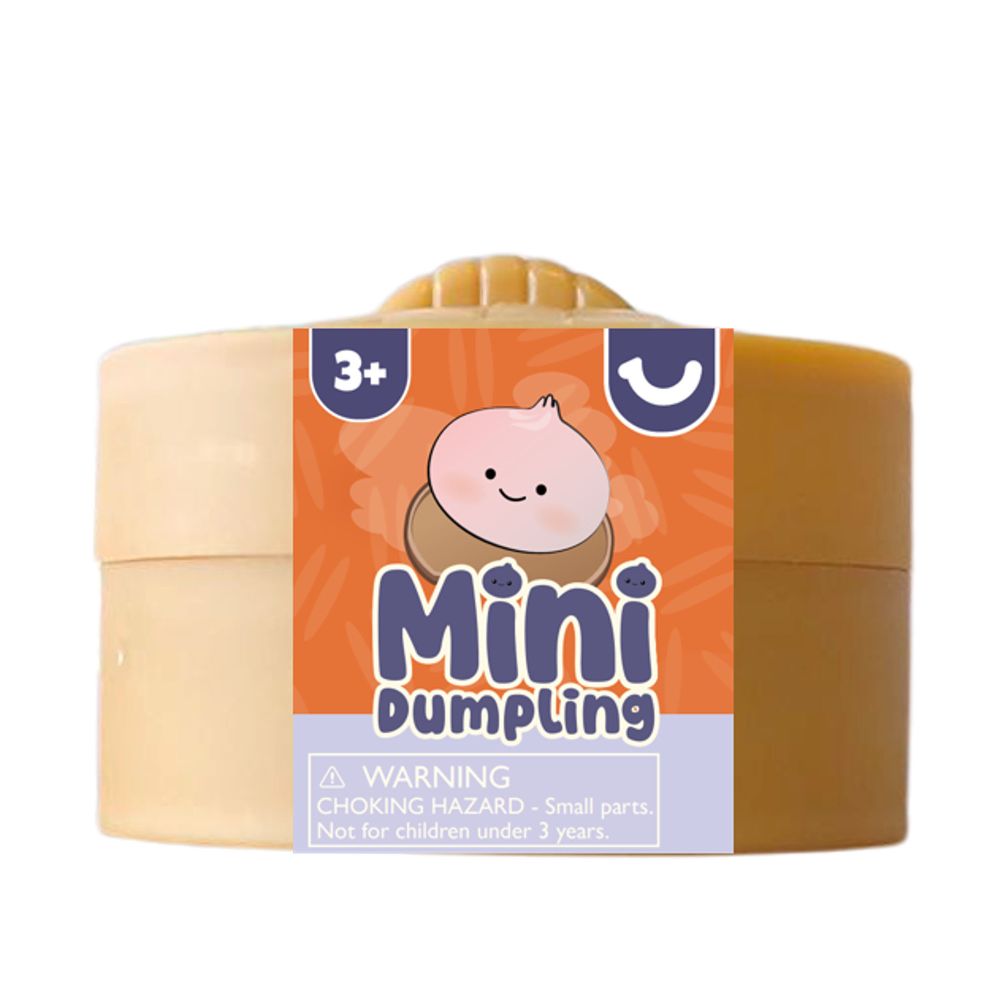 Mini Dumpling toy packaging with a cartoon dumpling character on an orange background.