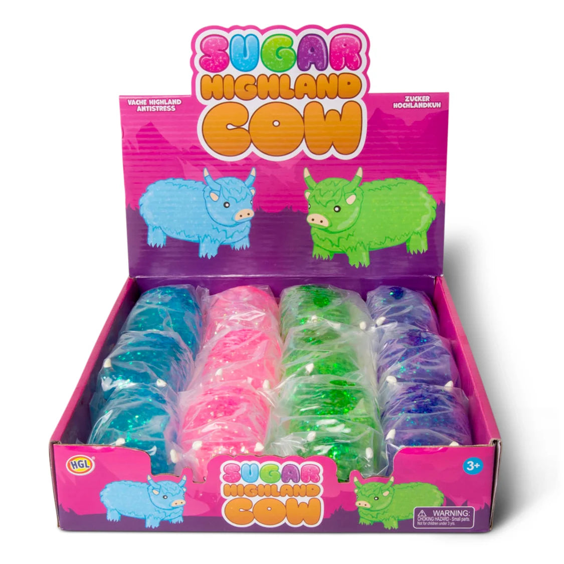 Box of colorful 'Sugar Highland Cow' with cartoon cows on a white background