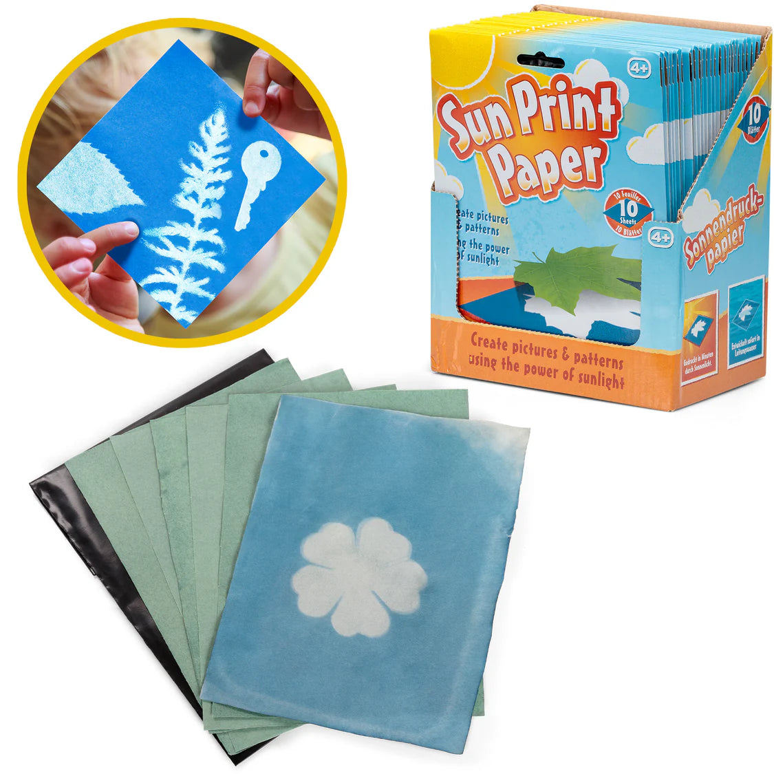 Sun print paper set with packaging and samples on a white background