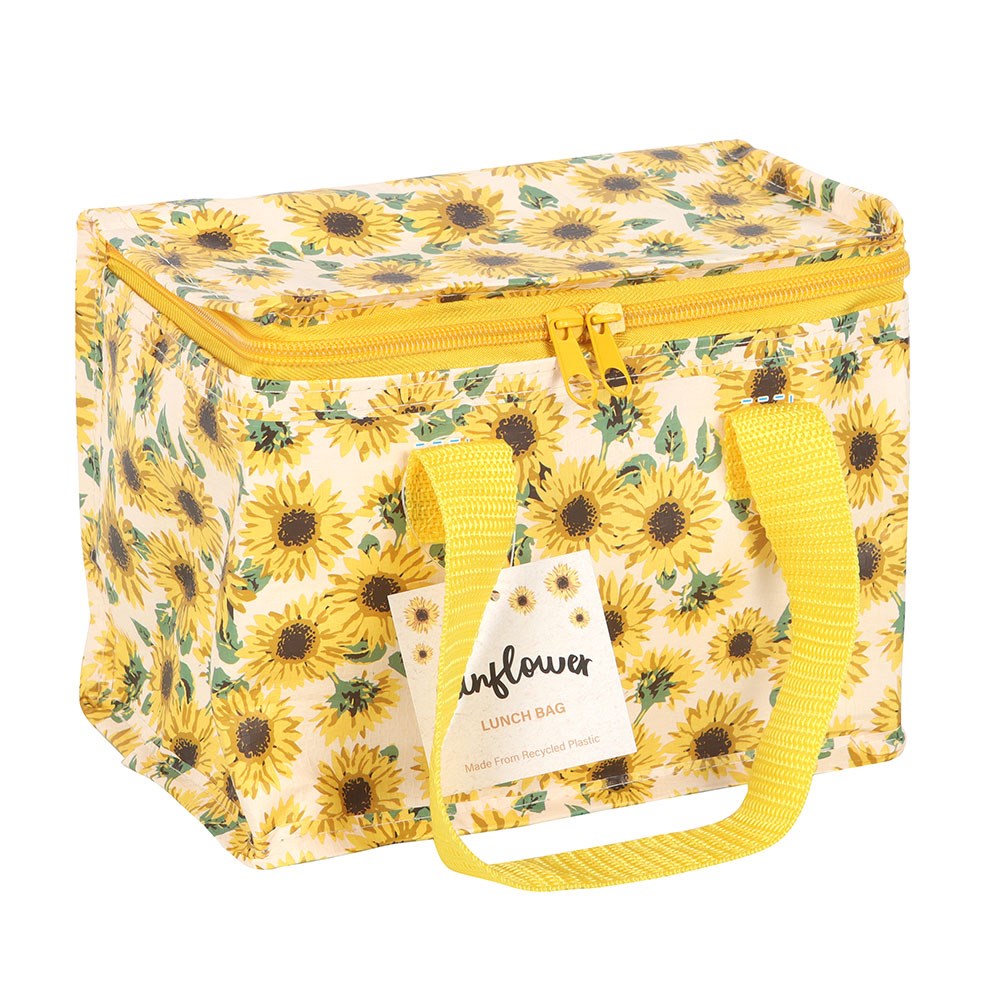 Sunflower-patterned lunch bag with a visible brand tag on a white background
