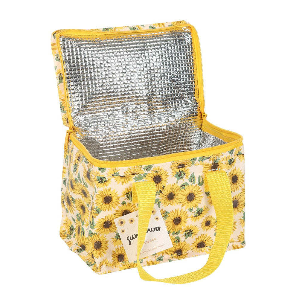 Yellow floral insulated cooler bag on a white background