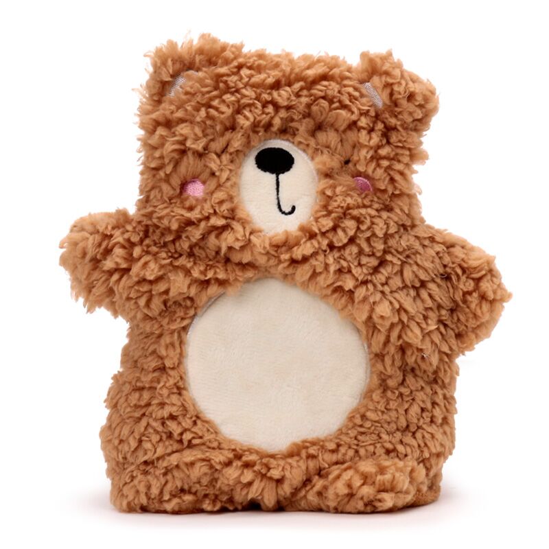 Brown teddy bear-shaped heat pad on a white background