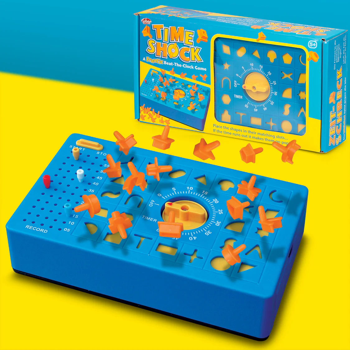 Board game 'Time Shock' with blue board and orange pieces on a yellow background