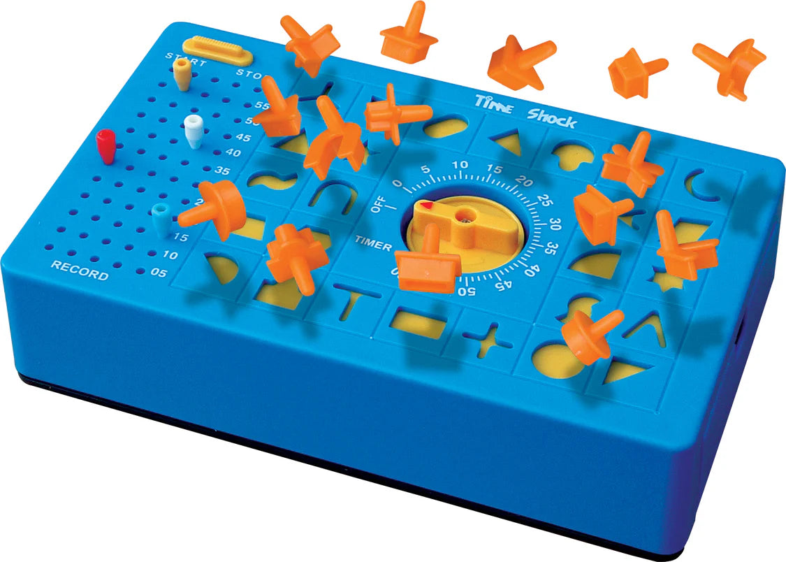 Blue and orange timing device with various components on a white background