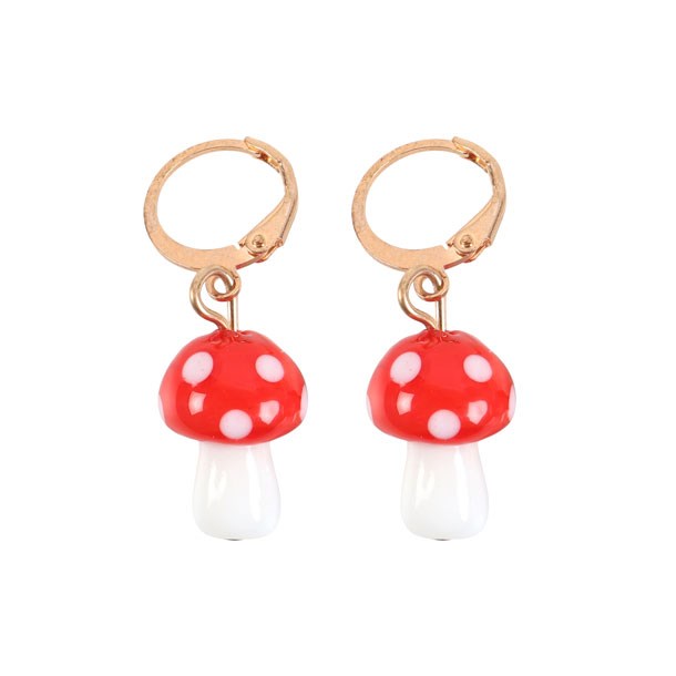 Mushroom-shaped earrings with red caps and white spots on a white background