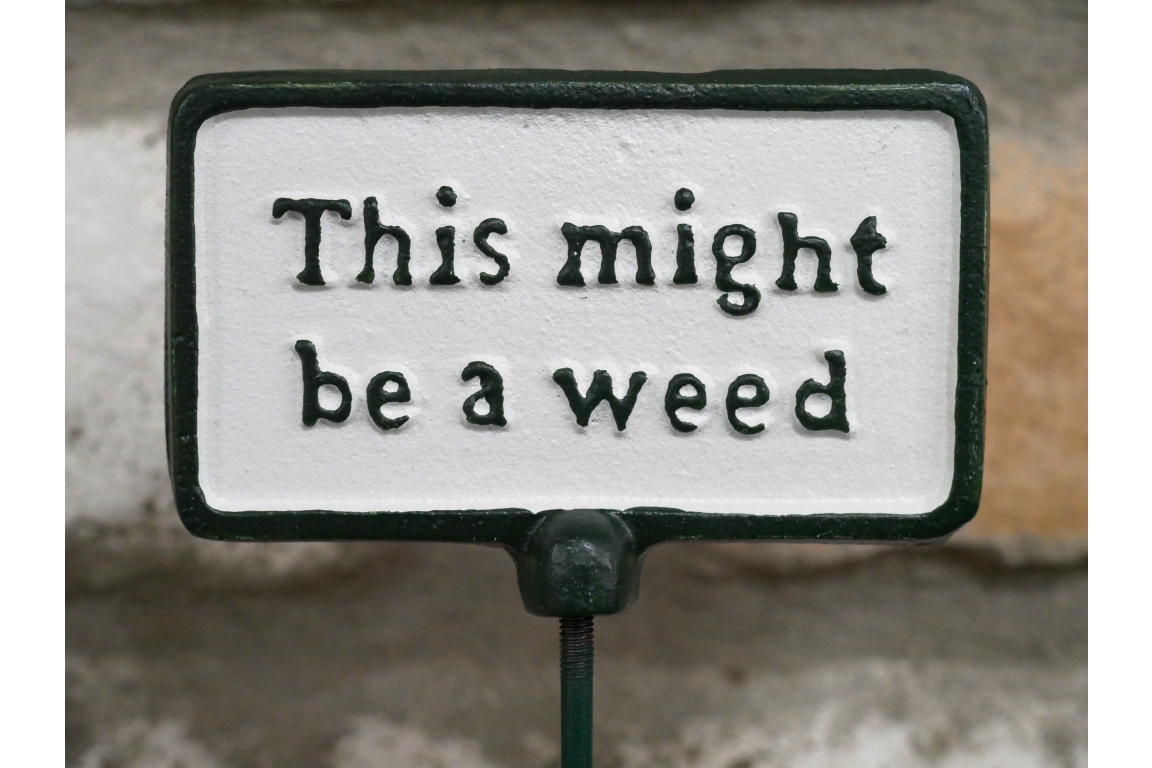 Small sign with text 'This might be a weed' on a white background