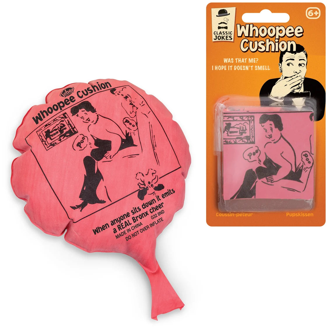 A novelty prank product shown on a white background: a pink inflatable pillow shaped like a hand fan on the left, and the retail blister packaging on the right. The packaging reads 'Whoopee Cushion' and 'Classic Jokes' and shows a cartoon illustration.