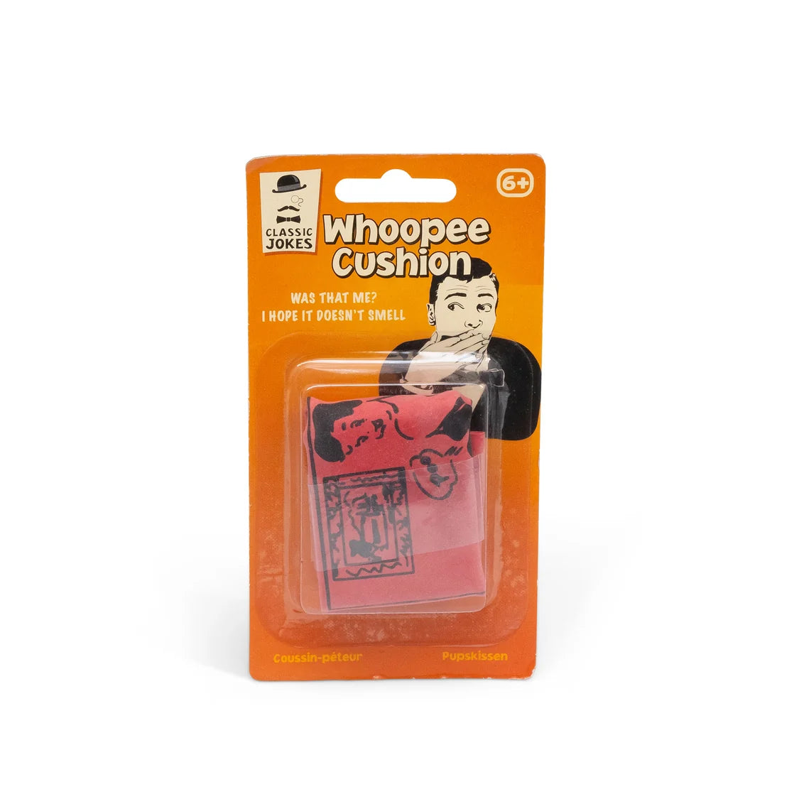 Whoopee cushion in packaging with humorous text on a white background