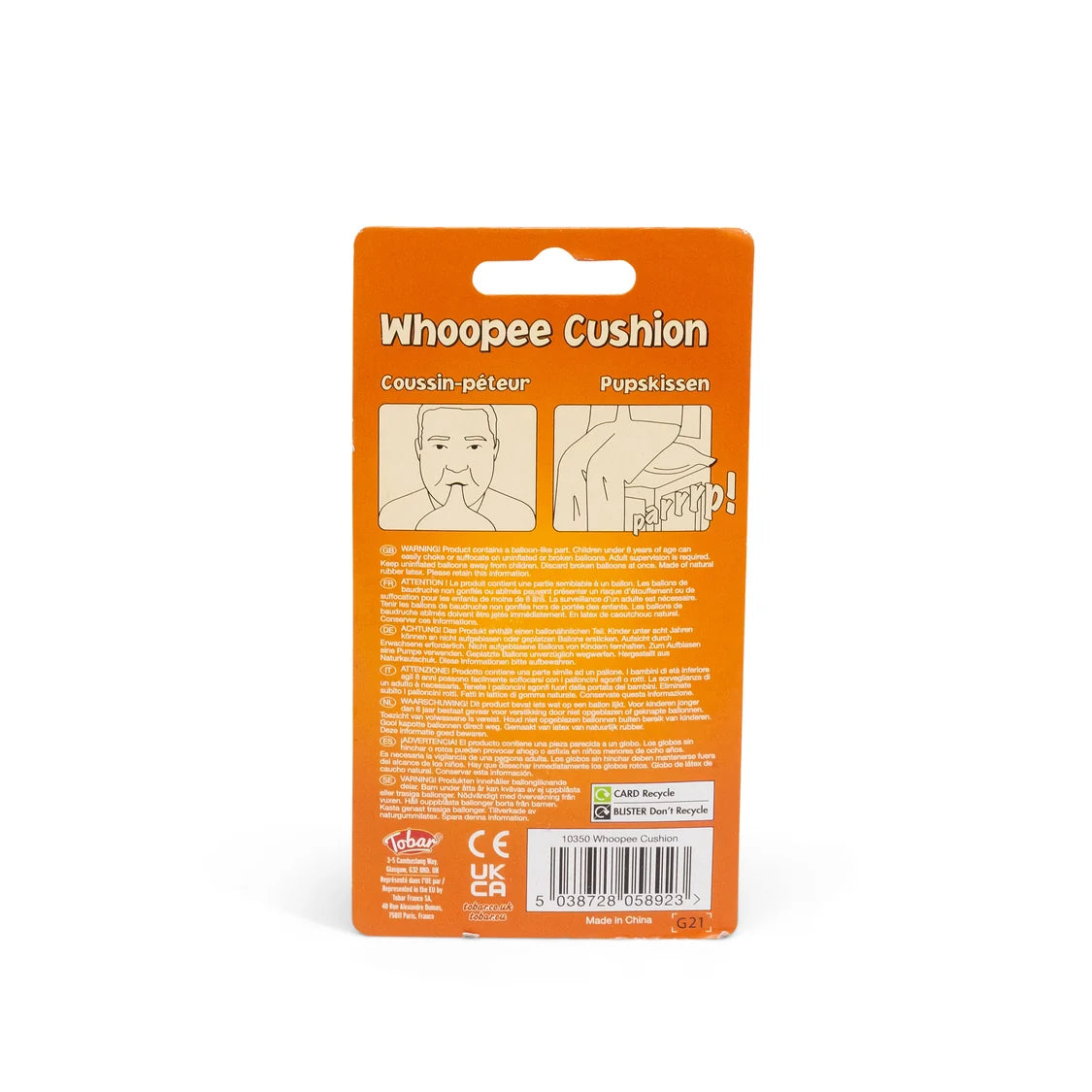 Packaging of a whoopee cushion with text and illustrations on an orange background