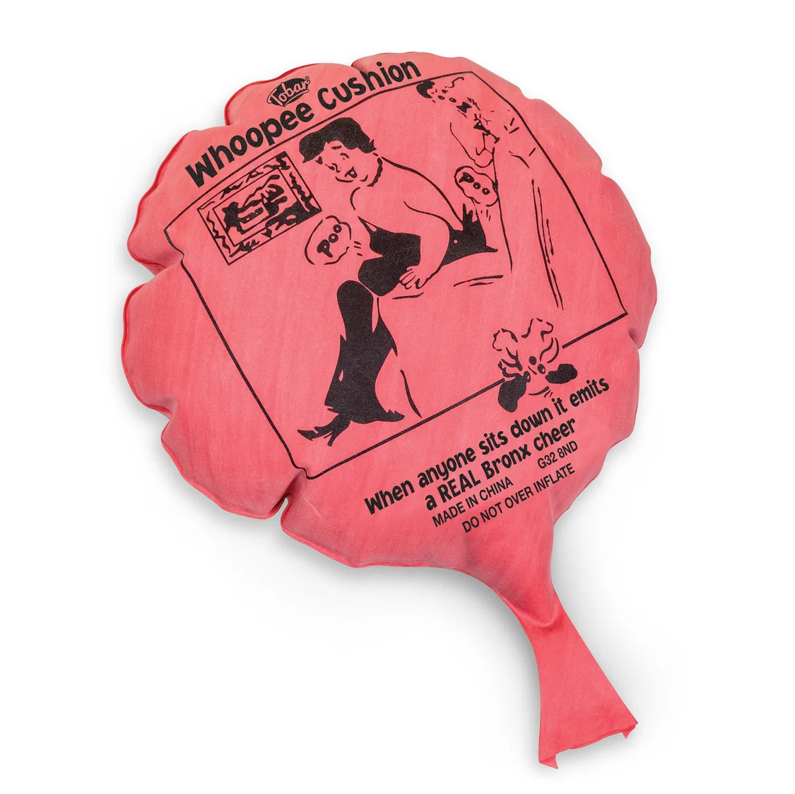 Pink whoopee cushion with black illustrations and text on a white background