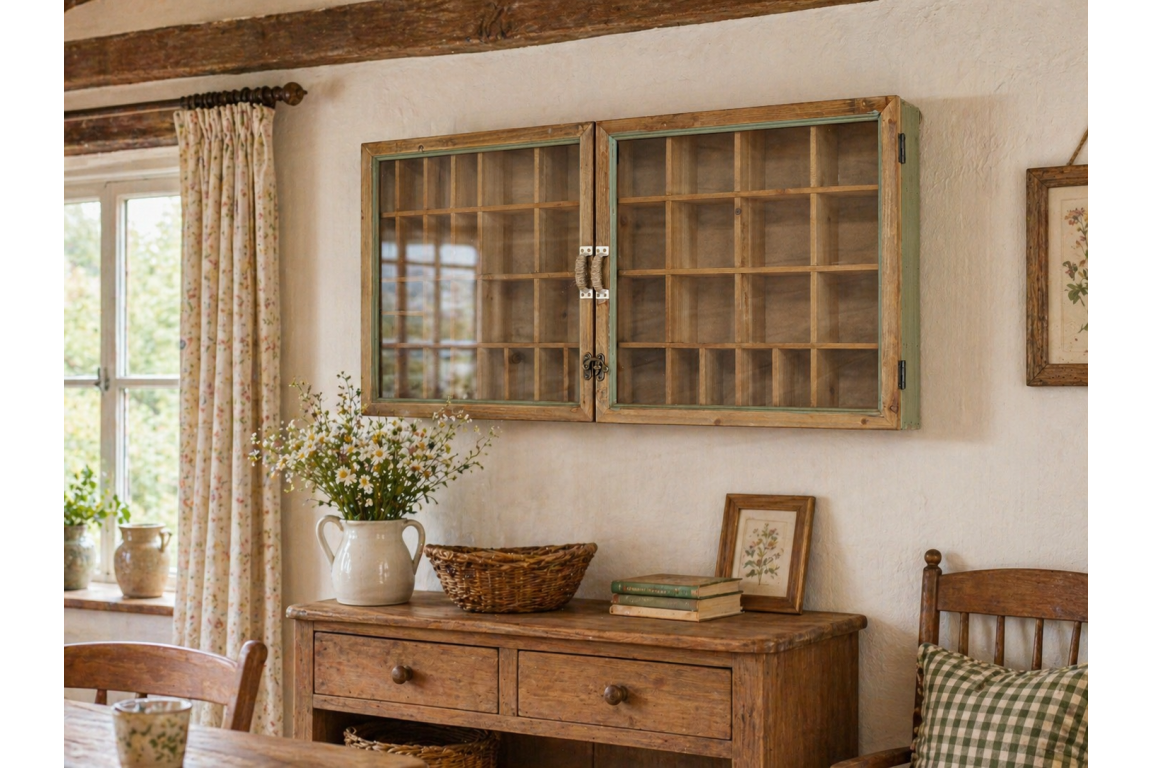 Rustic interior with wooden cabinet, table, and chair in a home setting.