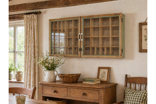 Rustic interior with wooden cabinet, table, and chair in a home setting.