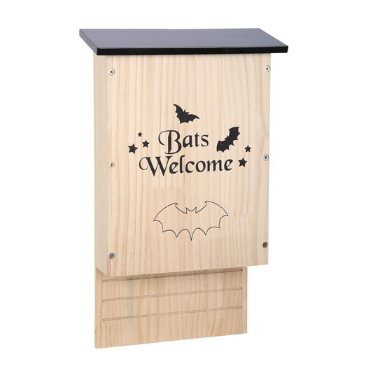 Wooden bat house with 'Bats Welcome' text and bat illustrations bat box