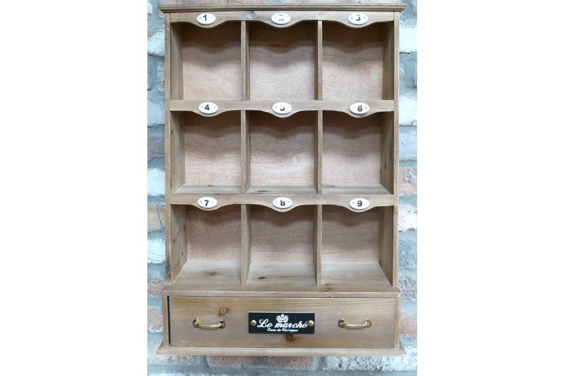 Wooden shelf with multiple compartments and a drawer,