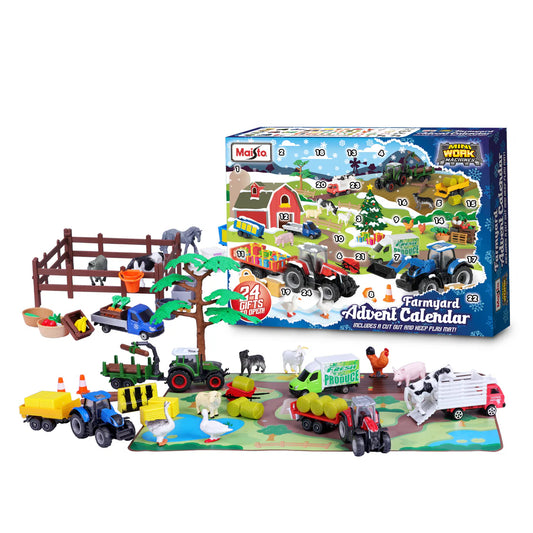Maisto Farmyard Advent Calendar with toy vehicles and animals on a white background