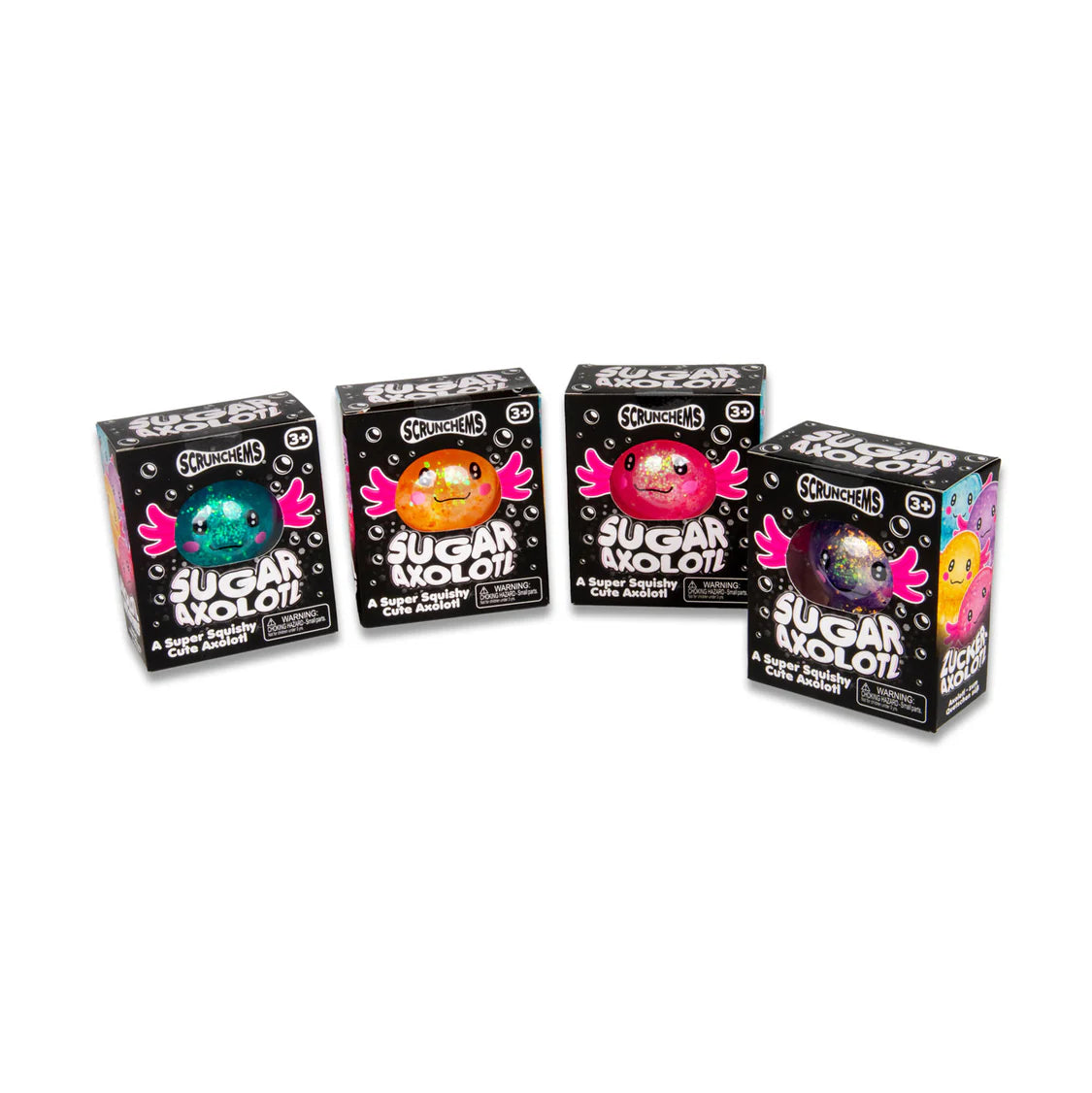 Four boxes of Sugar Axolotl toys on a white background