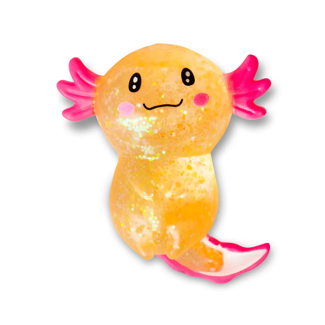 Toy axolotl with pink gills on a white background