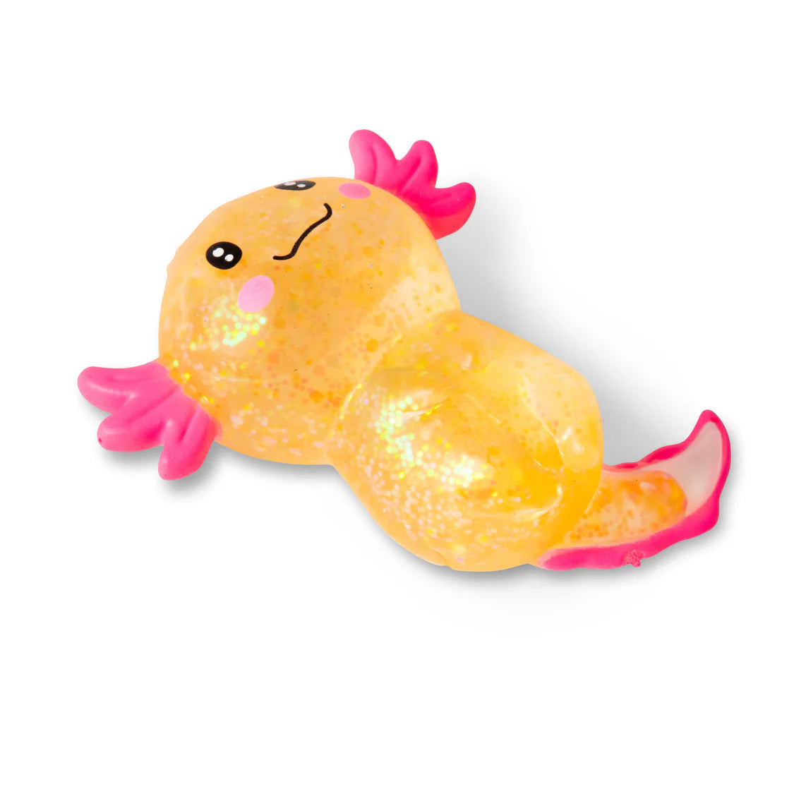 Toy axolotl with pink limbs on a white background