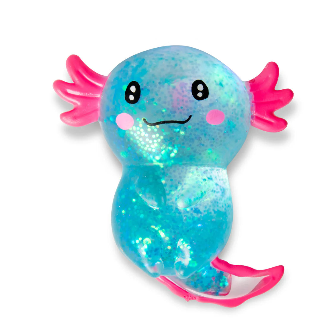 Toy axolotl with a glittery blue body and pink limbs on a white background