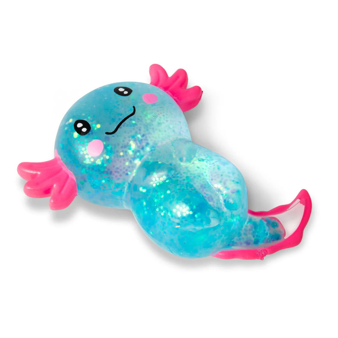 Toy axolotl with a smiling face on a white background