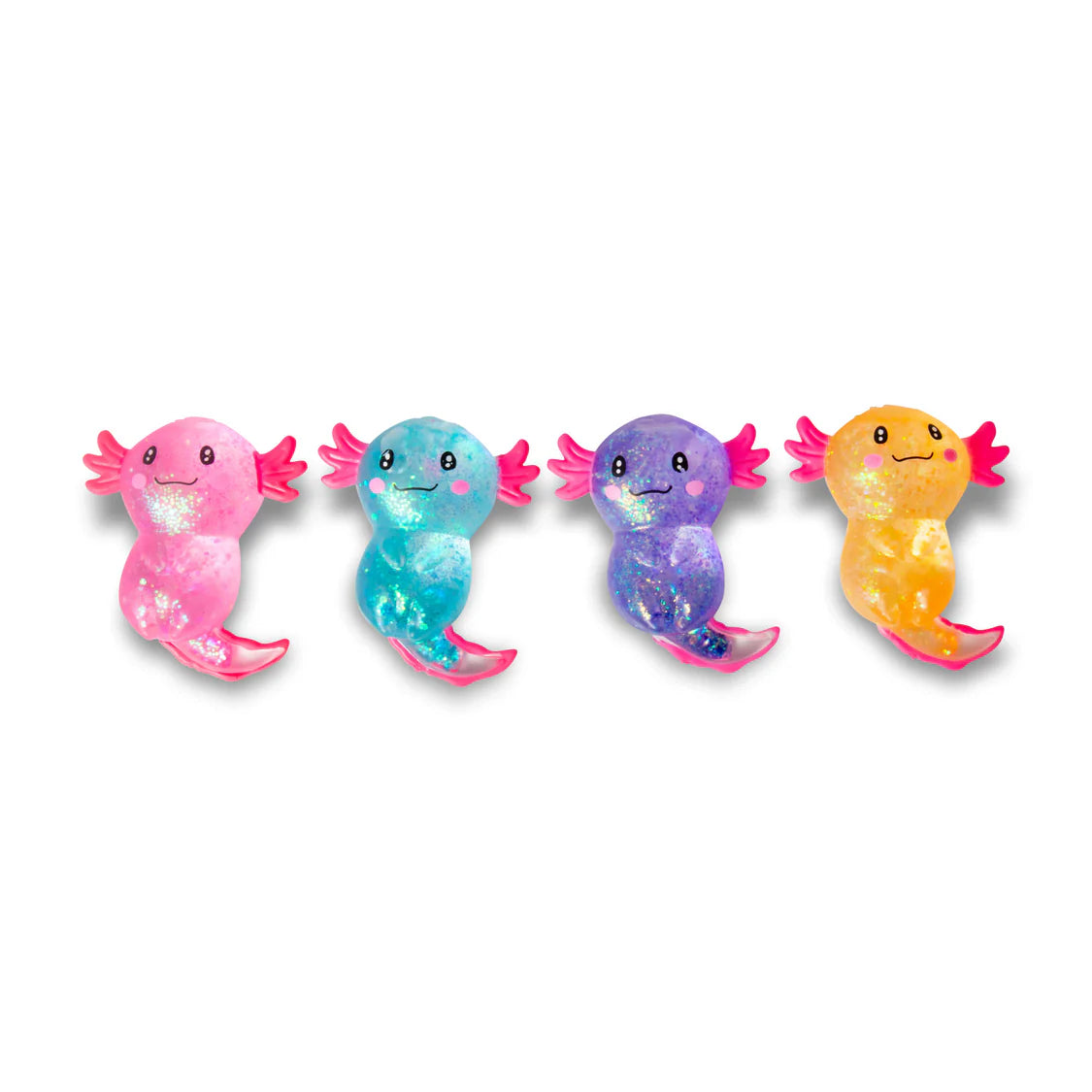 Four colorful axolotl plush toys on a white background
