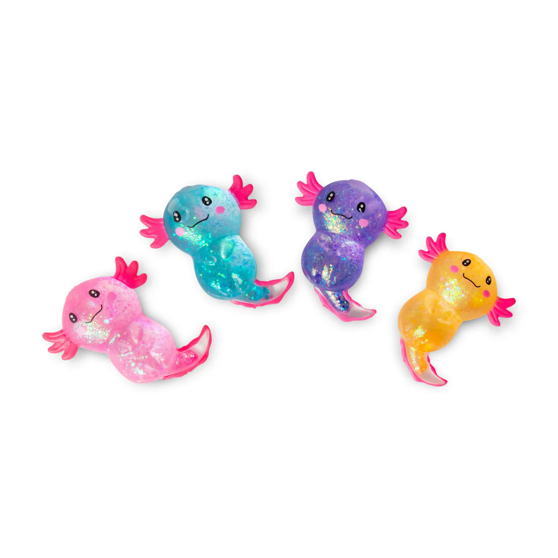 Four colorful axolotl plush toys on a white background