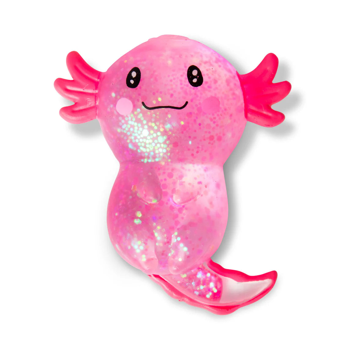 Pink axolotl srunchem toy with sparkles on a white background
