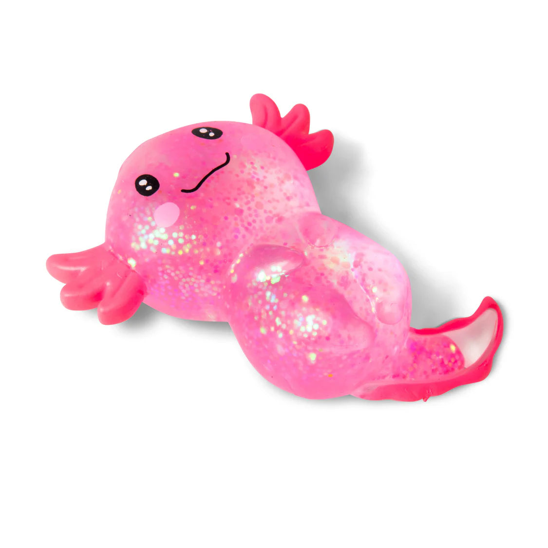 Pink axolotl toy with a smiling face on a white background