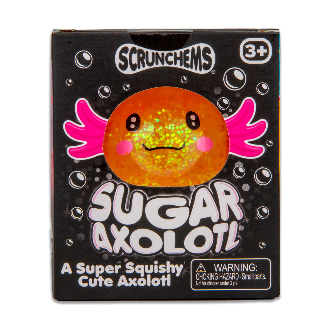 Box of a Scrunchems Sugar Axolotl toy with a black background and axolotl illustration.