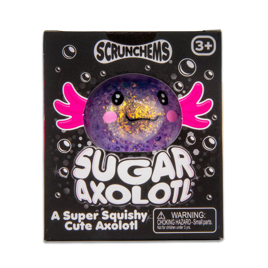 Box of a Scrunchems Sugar Axolotl toy with a black background