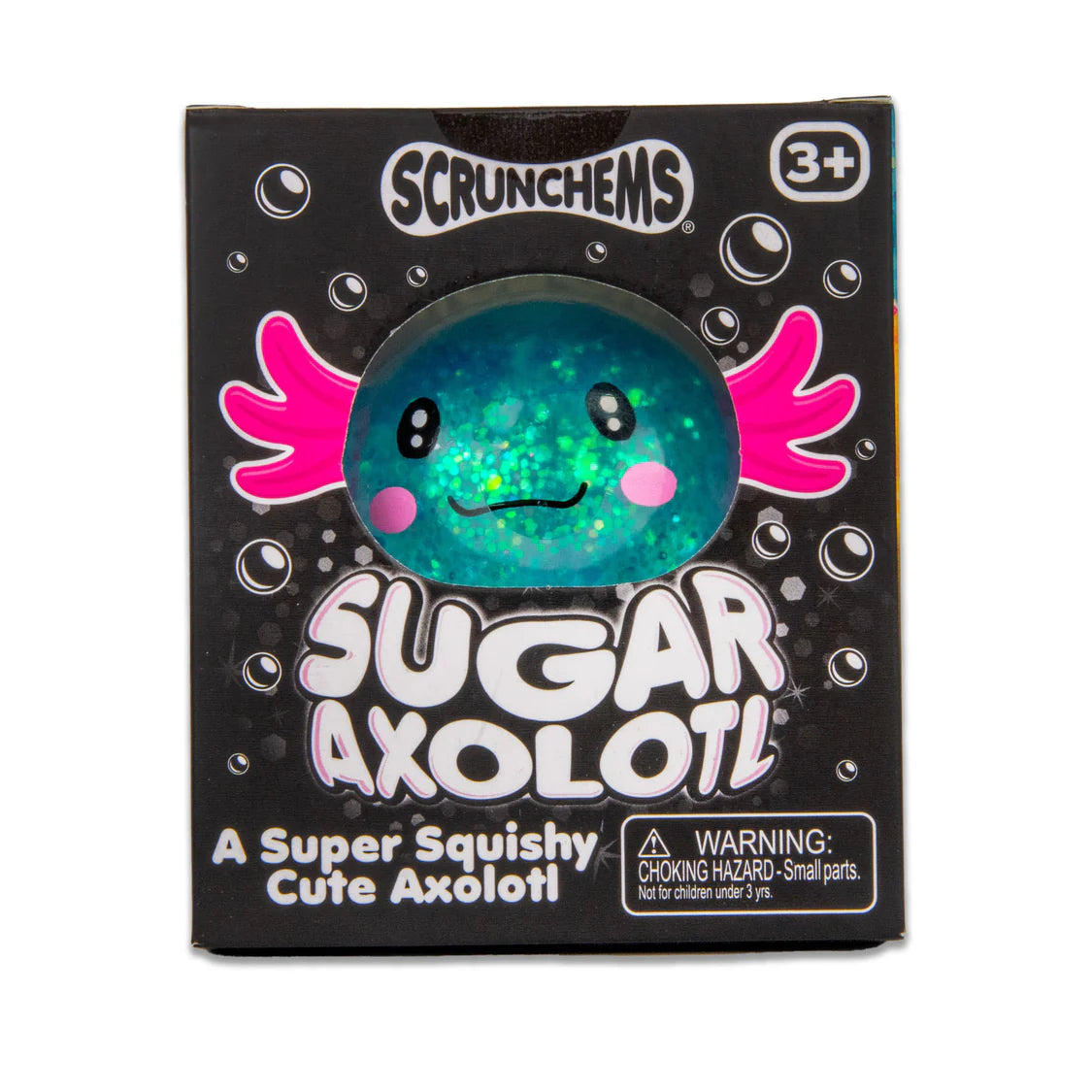 Box of a Scrunchems Sugar Axolotl toy with a blue axolotl face on a black background.