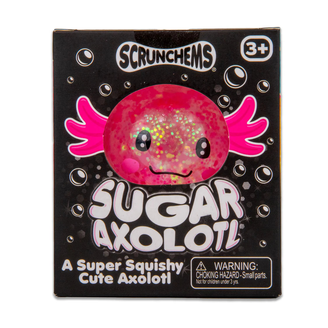 Box of a Scrunchems Sugar Axolotl toy with a pink axolotl illustration on a black background.