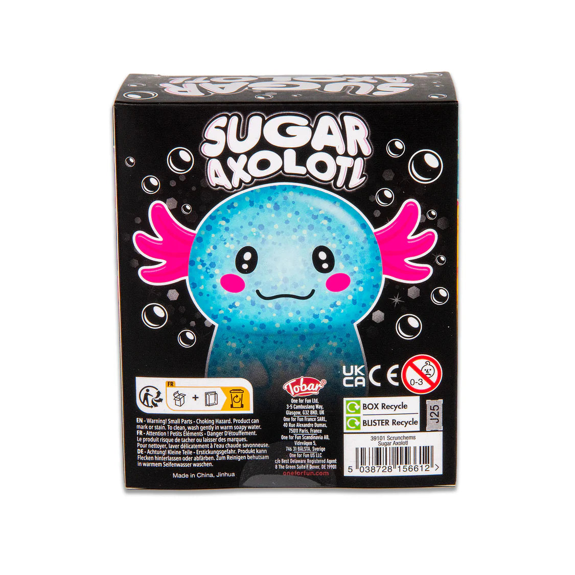 Box of a toy axolotl with 'Sugar Axolotl' branding on a white background