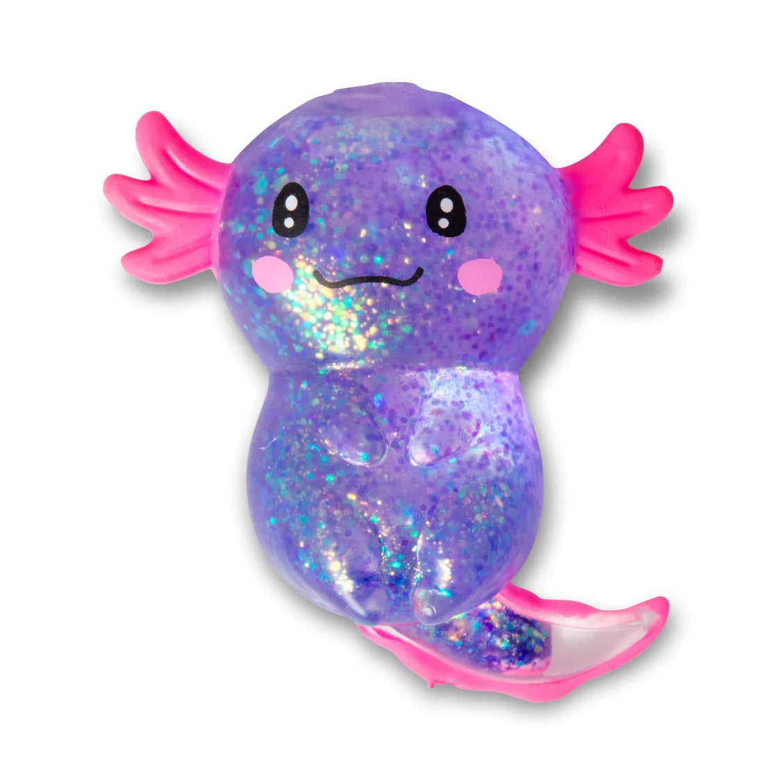Glittery axolotl toy with pink arms and legs on a white background