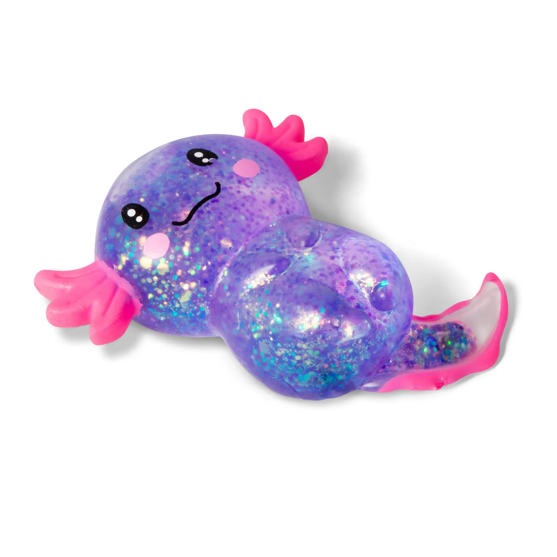 Glittery purple and pink creature toy on a white background