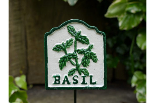 Traditional Metal Garden Herb Sign - Basil close up
