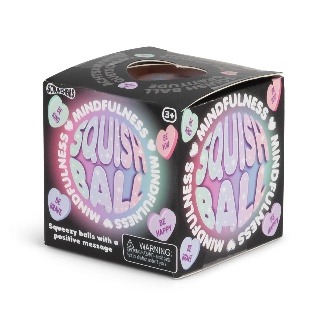 A black Squishy Balls product box with colorful pastel graphics reading 'Squishy Ball' and 'Mindfulness' surrounded by heart-shaped messages like 'Be Happy' and 'Be Brave'.