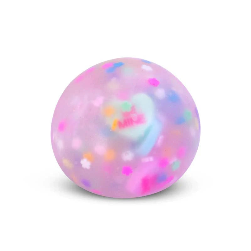 Pink ball with colorful confetti and heart design on a white background
