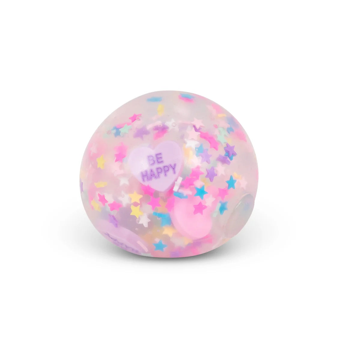 Pink stress ball with star confetti and 'Be Happy' text on a white background
